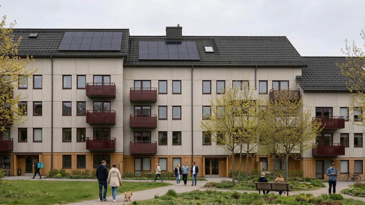 illustration av huslänga om tre våningar