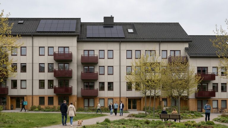 illustration av huslänga om tre våningar